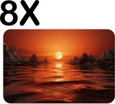BWK Luxe Placemat - Oranje Horizon met Rotsen en Water - Set van 8 Placemats - 45x30 cm - 2 mm dik Vinyl - Anti Slip - Afneembaar