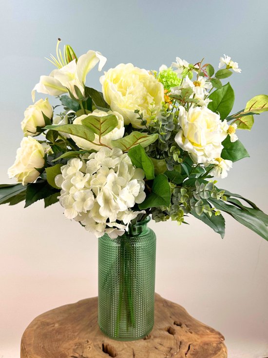 Zijden bloemen boeket “White Jungle” | 60 cm | Exclusief vaas | Prachtige gedetailleerde bloemen | Jarenlang mooi