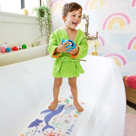 Navaris antislipmat voor in bad - 100 x 40 cm met zuignappen - Voor baby's en kinderen - Met leuke onderzee-print - Navaris