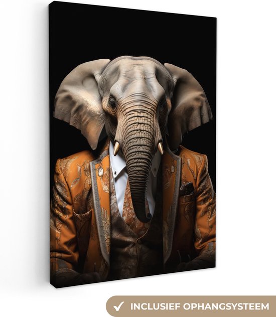 Canvas schilderij 80x120 cm - Portret olifant - Kamer decoratie - Dieren accessoires - Schilderijen woonkamer zwart - Wanddecoratie dier slaapkamer - Muurdecoratie keuken - Wanddoek interieur binnen - Woondecoratie huis