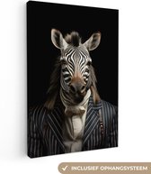 Canvas schilderij 80x120 cm - Portret zebra - Kamer decoratie - Dieren accessoires - Schilderijen woonkamer zwart - Wanddecoratie dier slaapkamer - Muurdecoratie keuken - Wanddoek interieur binnen - Woondecoratie huis