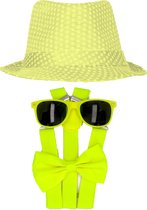 Toppers - Carnaval verkleed set compleet - glitter hoedje/bretels/party bril/strikje - fluor geel - heren/dames - verkleedkleding