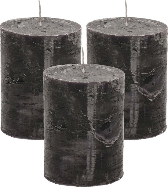 Stompkaars/cilinderkaars - 3x - zwart - 7 x 9 cm - middel rustiek model