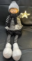 Kerstbeeld Kerst jongen met lange benen zittend + ster LED - Wit/grijs + grijs/zwart + grijze muts - hoogte 37.5x16.5x10 cm - polyresin - warm witte LED - Woonaccessoires - Kerstdecoratie
