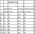 Maattabel voor Versano Violet NG dames jassen in cm: Borstomvang, Taille, Mouwen, Jas lengte.