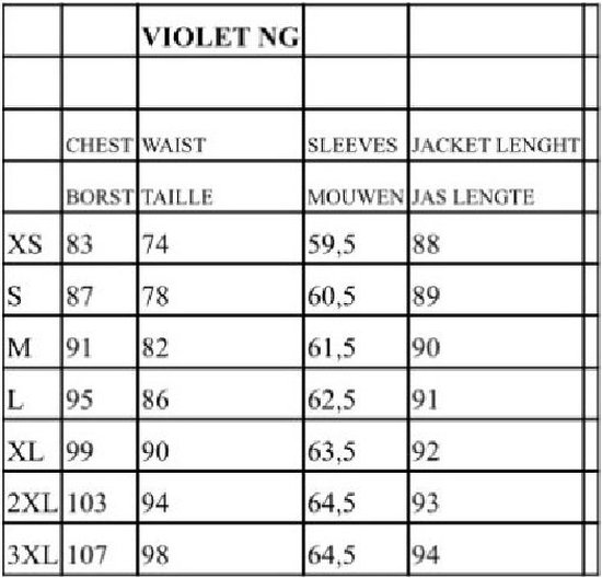Maattabel voor Versano Violet NG dames jassen in cm: Borstomvang, Taille, Mouwen, Jas lengte.