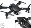 Zwarte opvouwbare drone met camera en witte accenten. Inzet toont regenboogeffect van camera.