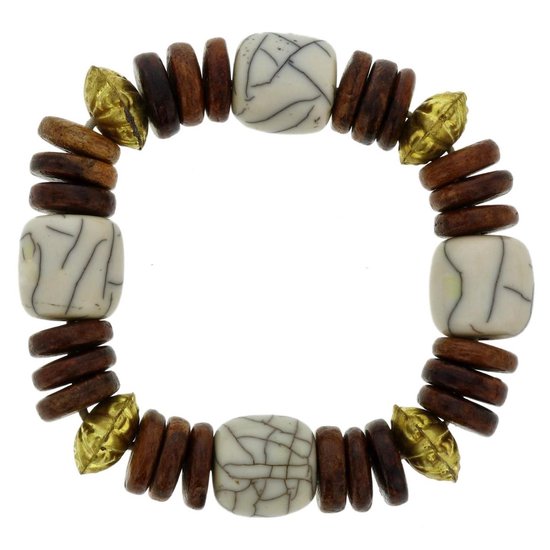 Behave Bruine armband met houten en marble kralen