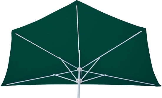 Bovenaanzicht van een donkergroene vierkante parasol met wit frame.