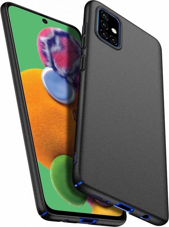 Deux coques de téléphone noires pour Samsung Galaxy A71, avec des accents bleus au niveau des ports.