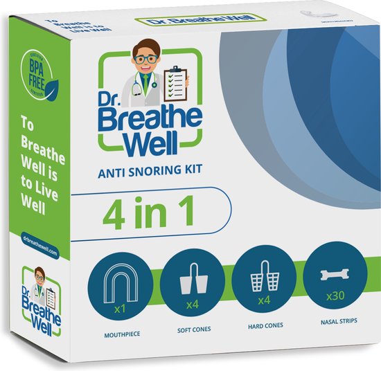 Dr. Breathe Well - 39-delig Anti Snurk Pakket - 4 oplossingen in 1 - Professionele Snurkbeugel - Zachte & Stevige Neusspreiders - Super Sterke Neuspleisters