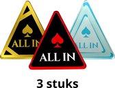 ALL-IN button - pokerchips - poker fiches - spellen - casino - tafel spelletjes - decoratie woonkamer - acryl - 3 stuks combi- rood - goud - blauw