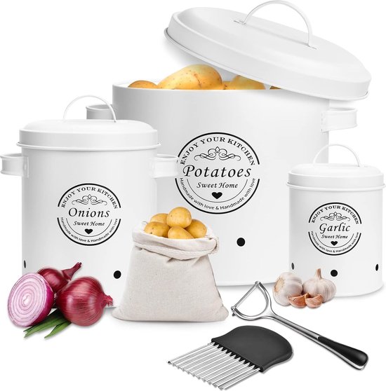 Foto: Aardappelopbergdoos set van 3 uienpot en knoflookpot geventileerde voorraaddozen uienopslag opslag van aardappelen uien knoflook wit 