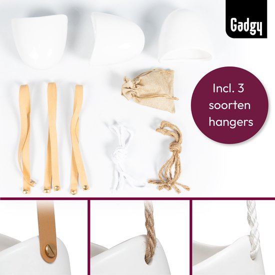 Gadgy Plantenhanger Keramiek - Set van 3 - Hangpot van Wit Steen - Hangende Bloempot Plantenpot - met 3 verschillende Koorden - 12x11x9.5CM