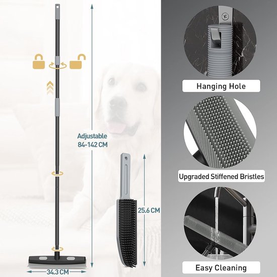 Rubberen bezem met trekker, 152 cm, rubberen borstelharen met telescoopsteel, verwijderen van dieren, katten, hondenharen, vloerborstel voor tapijt, hardhout, raamtegels, voor binnen en buiten, — afbeelding 4