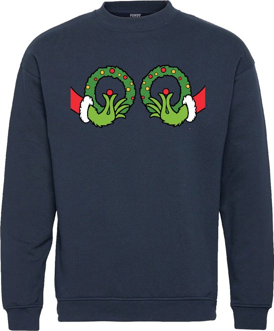 Kersttrui Grinch Christmas Balls Tits | Foute Kersttrui Dames | Kerstcadeau | Navy | maat 3XL