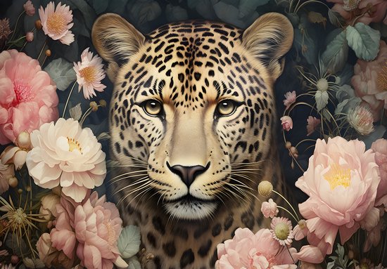 Gedetailleerd portret van een jaguar, omringd door bloeiende roze en witte bloemen op een donkere achtergrond.