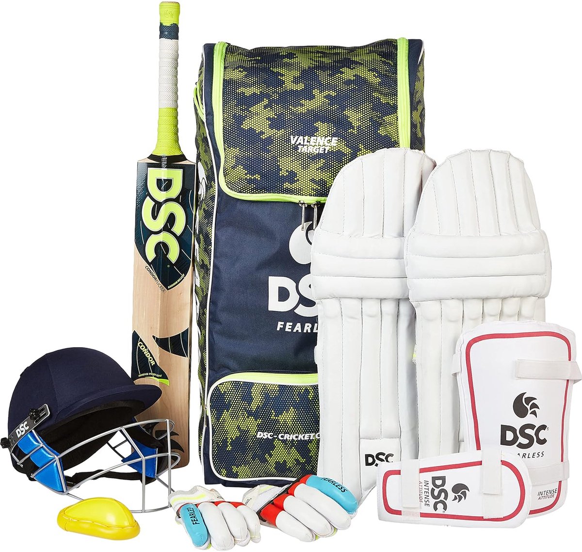 DSC Premium Complete Cricket Kit met Helm voor Jeugd & Volwassenen (Meerkleurig, Maat-4) | Rechtshandig | Assorti | Schokabsorptie | Comfortabel | Lichtgewicht