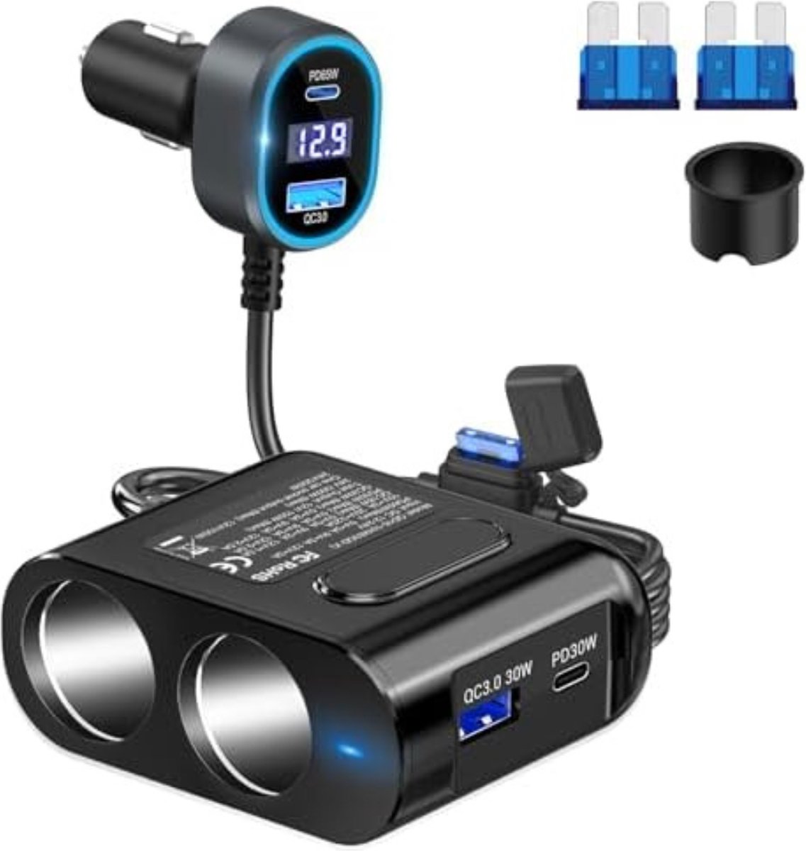Goedkoopste Sigarettenaansteker Splitter - Autolader Splitte - 12v Splitter - Sigarettenaansteker Verdeler - Aansteker Splitter - Dubbele USB C Autolader DC 12 V/24 V QC 3.0 met LED Voltmeter voor iPhone GPS Mobiele Telefoon DashCam Navi