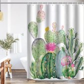Douchegordijn 183 x 183 cm, schimmelbestendig met cactusprint, waterdicht douchegordijn van stof voor badkamer, badgordijn met haken, sneldrogend, verzwaarde zoom, machinewasbaar