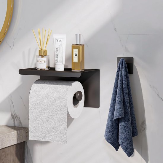ARSUK Zwarte Toiletrolhouder met Plank, Wandgemonteerde of Zelfklevende Papierrolhouder, Toiletpapier Opbergaccessoire, Roestvrij Staal