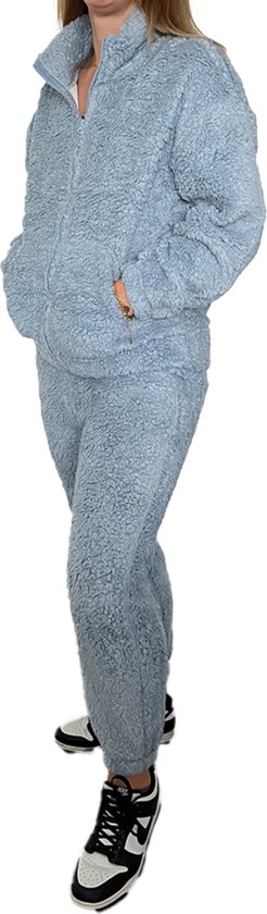 Licht Blauw - Huispak - Teddy - Fleece - [ Maat 40/42 ] - Dames - Joggingpak - Gewatteerd - Fleece vest & Fleece broek - Setje voor volwassenen - Cadeau voor vrouw - Fluffy en Warm