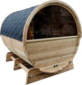 Novum Barrelsauna TR170 - Tweepersoons sauna - 170 cm lengte - Rustic Red Cedar - Achterkant halfglas - Met houtgestookte saunakachel