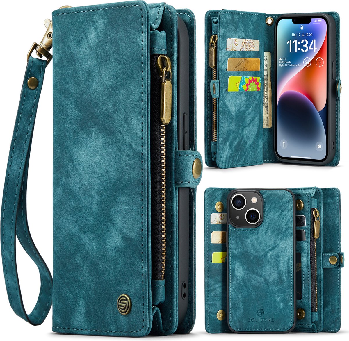 Geschikt Voor iPhone 13 Hoesje - Solidenz Wallet Case - Telefoonhoesje - Case Met Pasjeshouder - Met Ritsvak - Met Polskoord - Portemonee Hoes - Blauw