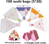 Onigiri Mold, Leuke voedsel zak Modieuze sushi zak rijst bal verpakking zak Anti-fog tas Gemakkelijk scheur Sushi verpakking zak 100pcs Stuur stickers 2 driehoek mallen
