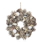 Deurkrans voor Kerstmis, witte adventskrans met kerstballen, decoratieve krans, kerstdecoratie, tafelkrans, kerstkrans (wit + zilverkleurige ballen, 30 cm)