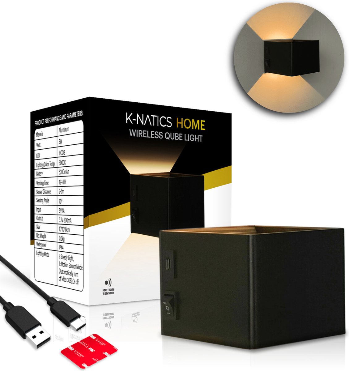 K-NATICS Oplaadbare Qube Lamp - Wandlamp - Draadloos - Wandlamp Oplaadbaar - Wandlamp Binnen - 5200mAh - Motion Sensor - Zonder Boren - Muurlamp Binnen Woonkamer/Slaapkamer/Badkamer/Kinderkamer