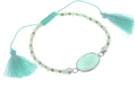 Behave Bracelet réglable avec perles, breloque pierre naturelle et 2 pompons