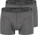 Twee donkergrijze Ten Cate boxershorts met donkere logo tailleband.