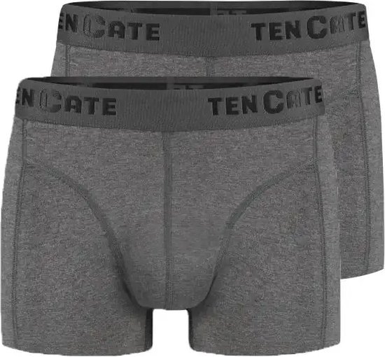 Twee donkergrijze Ten Cate boxershorts met donkere logo tailleband.