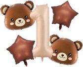 5-delige folie ballonset 1 met 2 bruine beren en 2 bruine sterren - 1 - eerste verjaardag - cakesmash - beer - bear - ster - bruin - folie - ballon