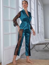 Satijnen Pyjama set - Dames Nachtkleding - Groen - Blauw - Lingerie kant