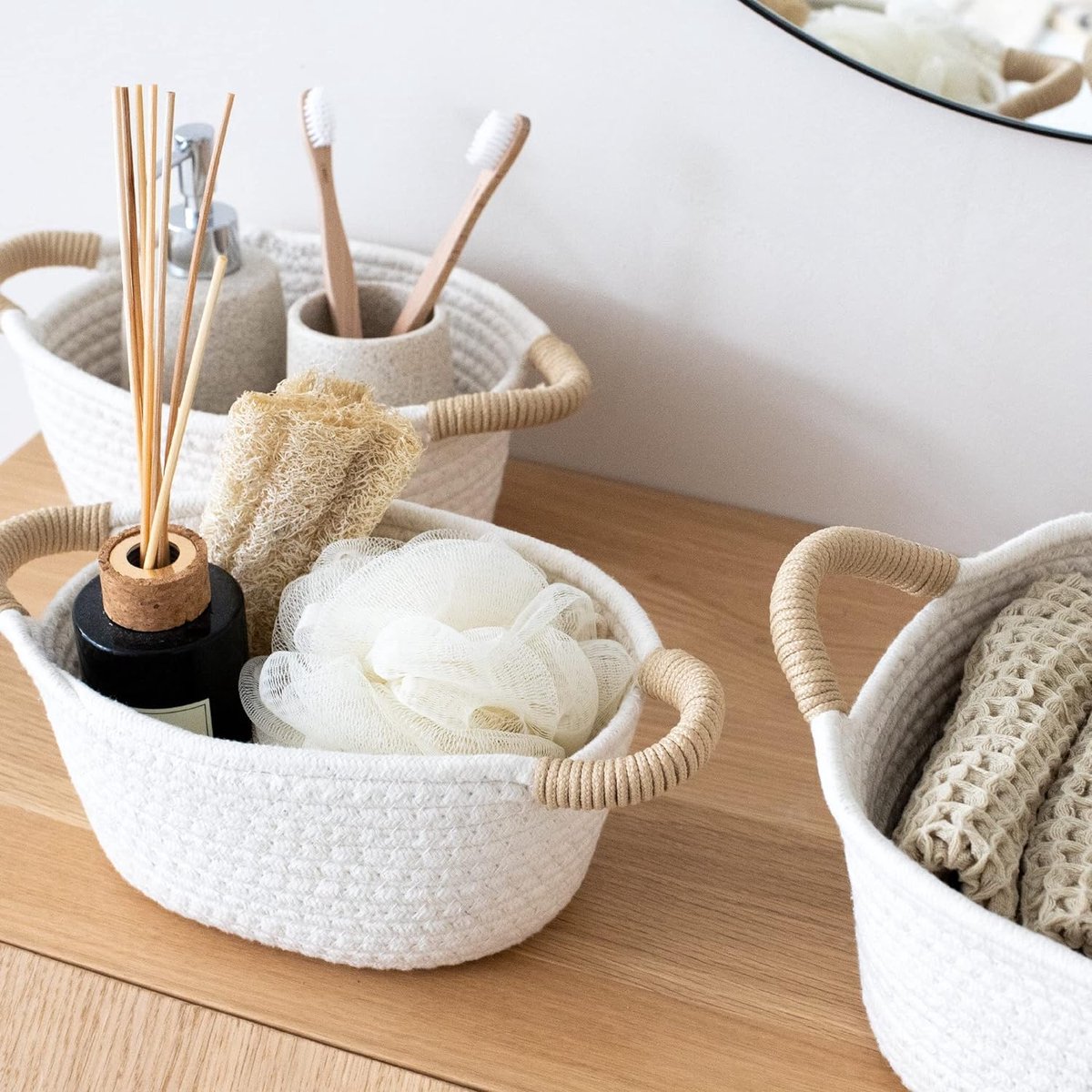 Badkamerorganizer Met Handgrepen, Opbergmand Voor De Badkamer Voor Tijdschriften Toiletpapier Of Handdoeken Multifunctionele Mand Van Katoenen Stof Voor Badartikelen Set Van 4 Bruin