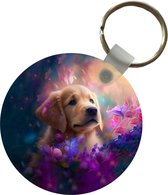 Sleutelhanger - Hond - Puppy - Zon - Bloemen - Golden retriever - Plastic - Rond - Uitdeelcadeautjes