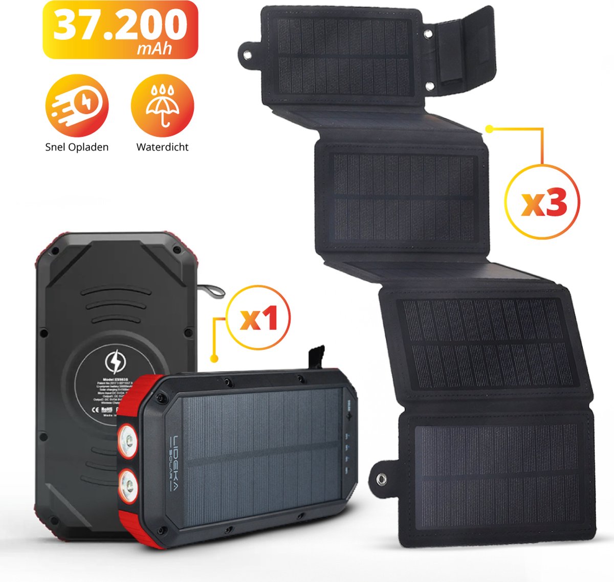 Lideka® - Solar Powerbank + Solar Charger 3x - De Ultieme Combi - 30.000 mAh Powerbank - Zeer Efficiënte Solar Charger Op Zonne-energie - Outdoor - Iphone, Samsung, Apple