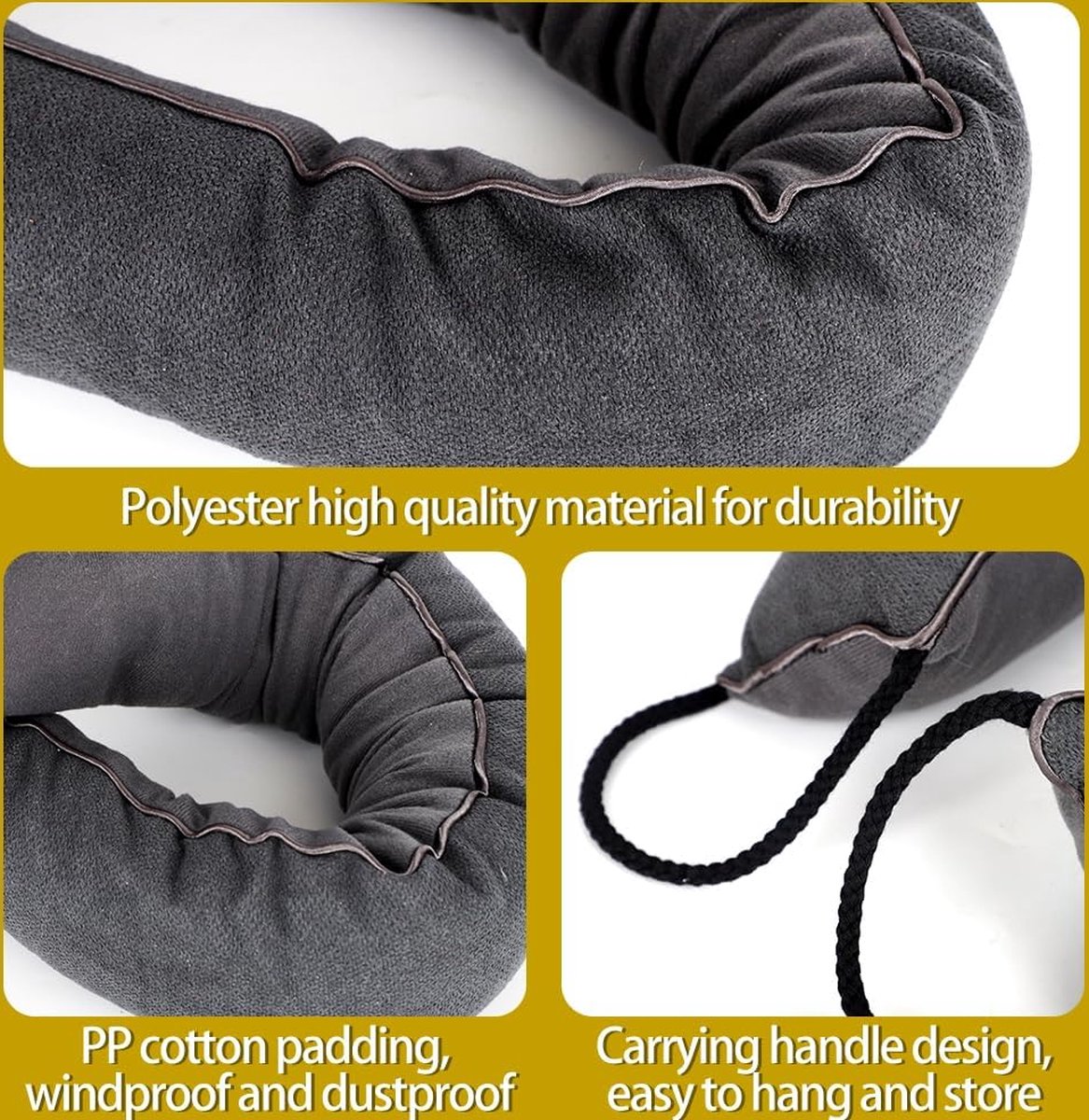 Tochtstopper voor deuren, 82 cm, zware tochtstopper, windstopper, tochtstopper voor bescherming, met ophanglussen voor wind en geluidsisolatie van deuren en ramen, zwart