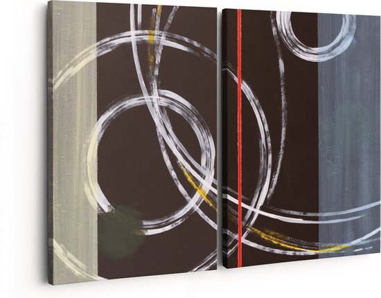 Artaza Canvas Schilderij Tweeluik Abstracte Cirkels met een Rode Lijn - 160x120 - Groot - Foto Op Canvas - Canvas Print