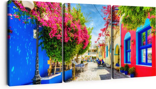 Artaza Canvas Schilderij Drieluik Kleurrijke Straat op het Eiland Kos, Griekenland - 90x40 - Foto Op Canvas - Canvas Print