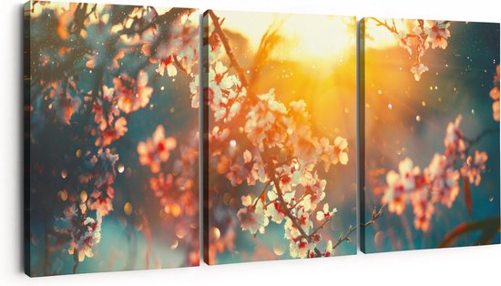 Artaza Peinture sur toile Triptyque Arbre en fleurs au coucher du soleil - Bloem - 180x80 - Groot - Photo sur toile - Impression sur toile