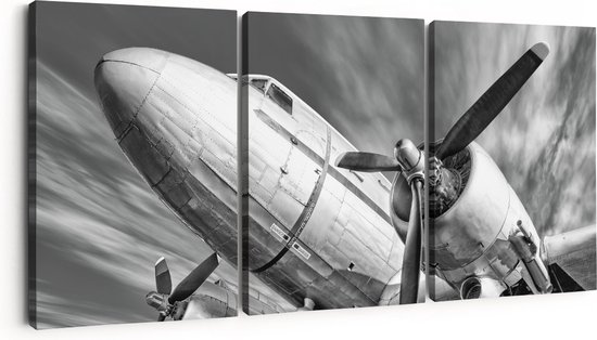 Artaza Canvas Schilderij Drieluik Oud Vliegtuig Op De Landingsbaan - 180x80 - Groot - Foto Op Canvas - Canvas Print