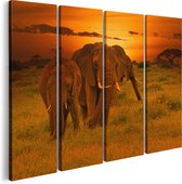 Artaza Canvas Schilderij Vierluik Olifanten In Het Wild - Zonsondergang - 160x120 - Groot - Foto Op Canvas - Canvas Print