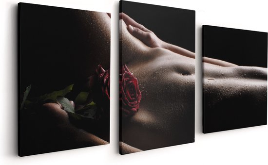 Artaza Canvas Schilderij Drieluik Naakte Vrouwenlichaam met een Rode Roos - Erotiek - 120x60 - Foto Op Canvas - Canvas Print