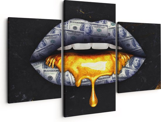 Artaza Canvas Schilderij Drieluik Dollar Lippen Met Goud - 150x120 - Groot - Foto Op Canvas - Canvas Print