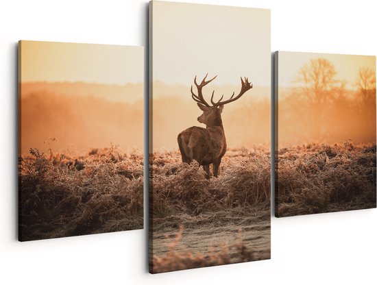 Artaza Canvas Schilderij Drieluik Hert In De Wei Tijdens De Zonsopkomst - 150x120 - Groot - Foto Op Canvas - Canvas Print