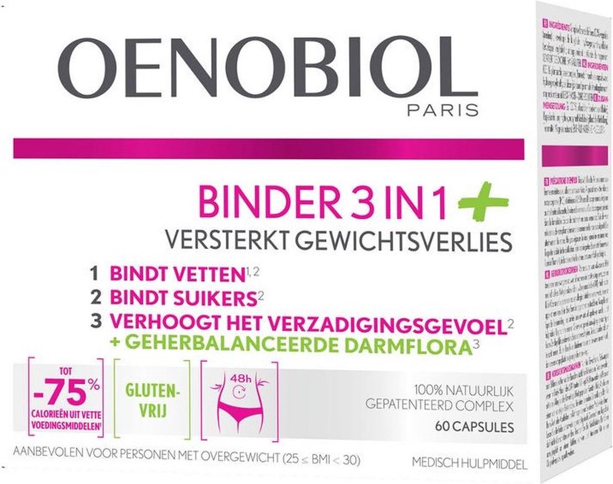 OENOBIOL Binder 3in1 - Afslankpillen voor snel afvallen - Fatburners - Gewichtsverlies - 60 Capsules - Oenobiol