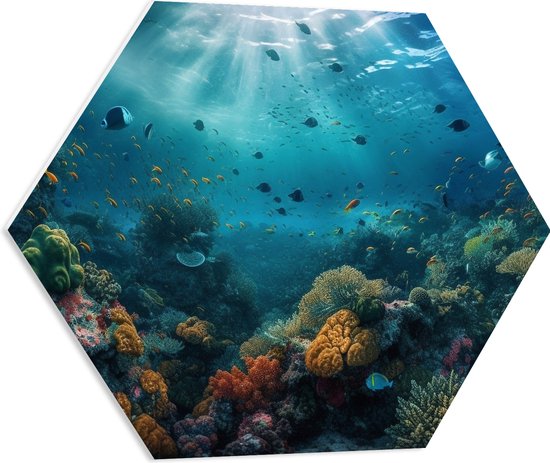 PVC Schuimplaat Hexagon - Oceaan - Zee - Dieren - Vissen - Koraal - Kleuren - 60x52.2 cm Foto op Hexagon (Met Ophangsysteem)